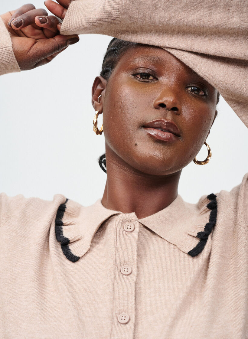 Strickbluse mit gerüschtem Polokragen, Beige, Image image number 0