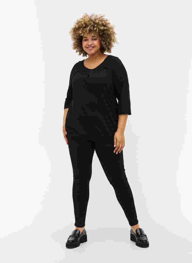 Einfarbige Bluse mit 3/4-Ärmel aus Baumwolle, Black, Model image number 2