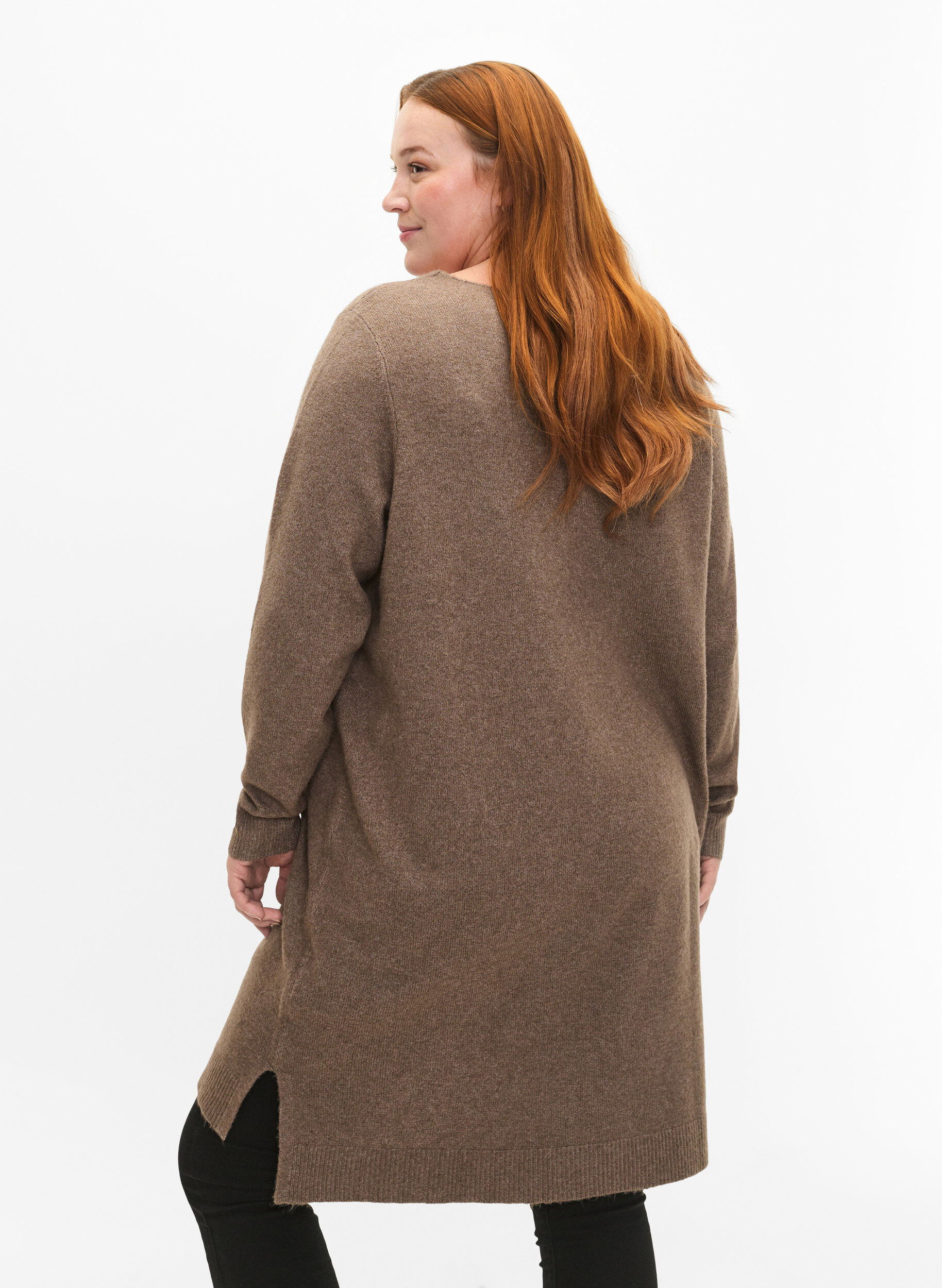 Zizzi Strickkleid mit Schlitz, Walnut/White, Model image number 1