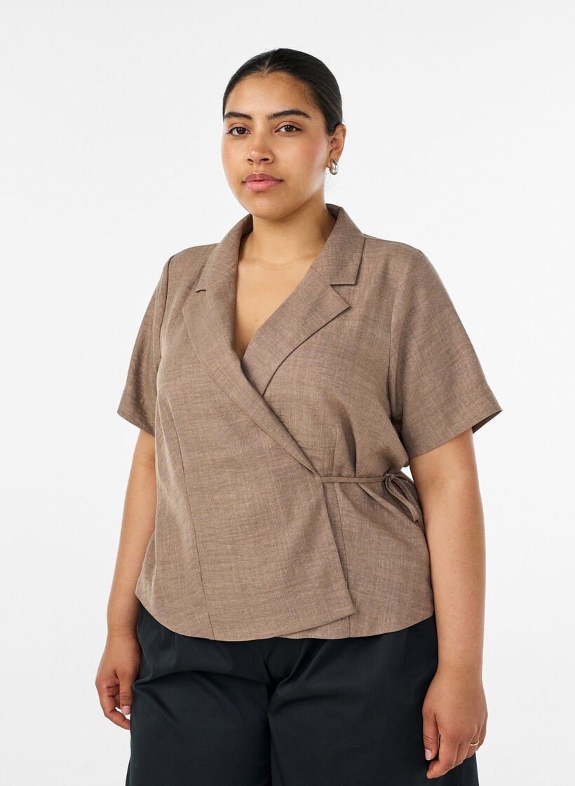 Wickelbluse mit Bindeband, Braun, Model image number 0