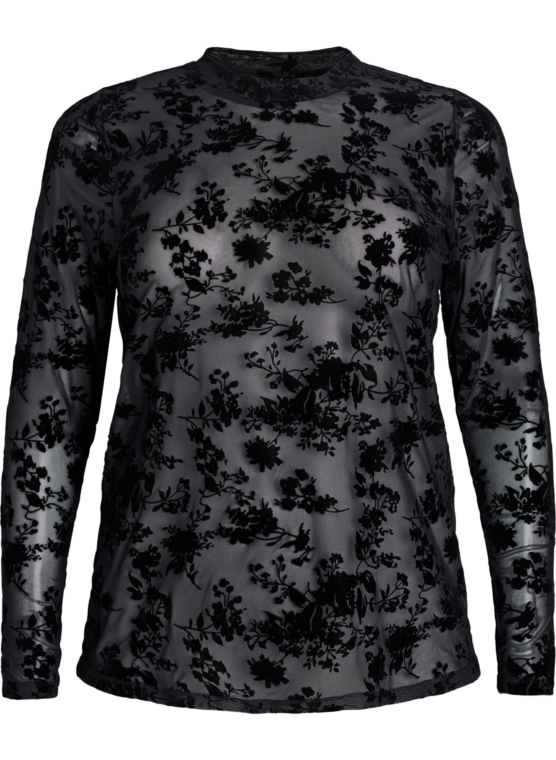 Zizzi Meshbluse mit Blumenmuster, Schwarz, Packshot image number 0