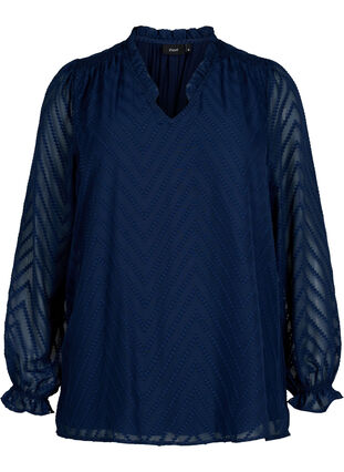 Bluse mit langen Ärmeln und Rüschendetails, Navy Blazer, Packshot image number 0