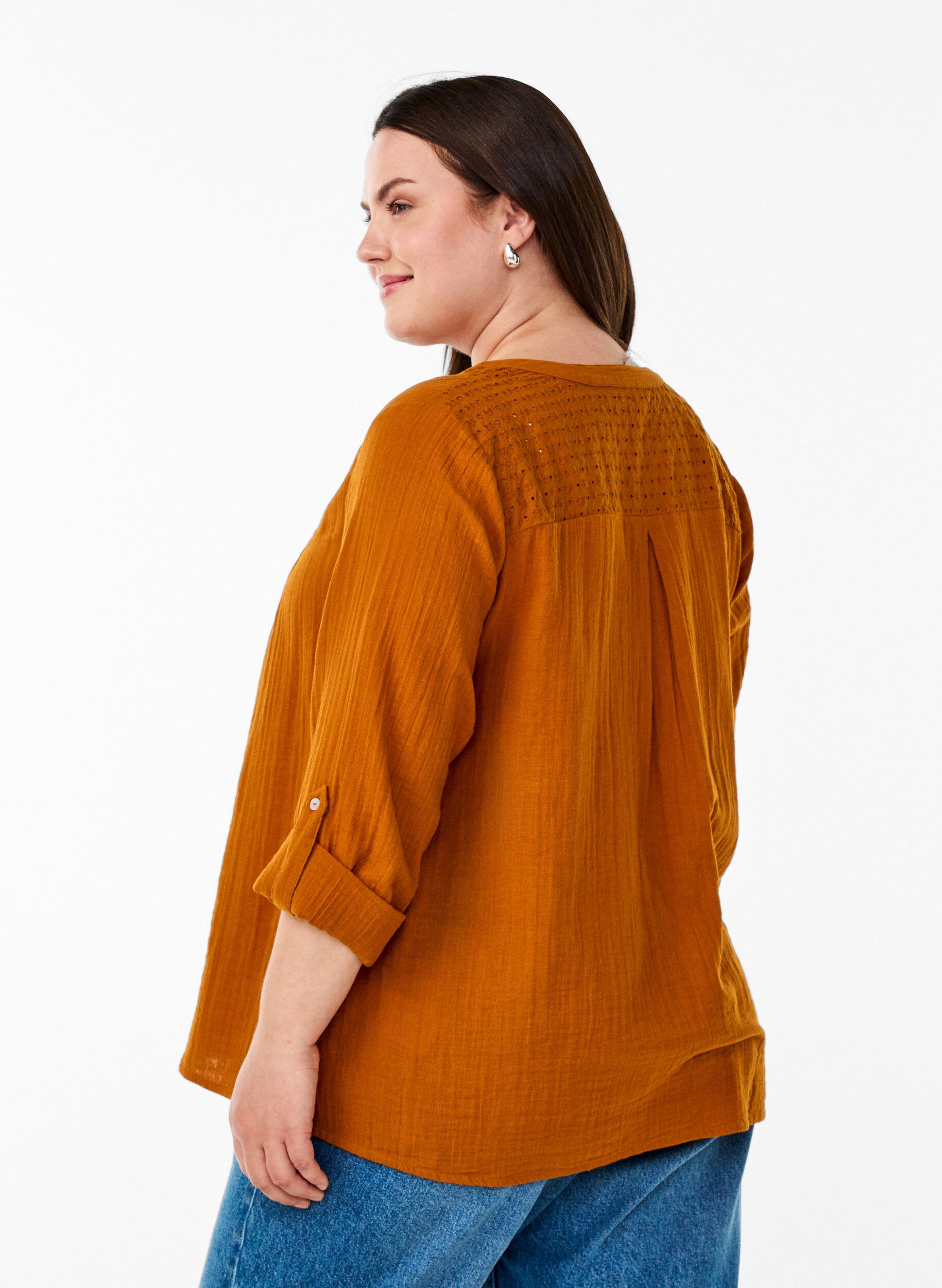 Zizzi Bluse aus Baumwollmusselin mit Lochstickerei, Orange, Model image number 2