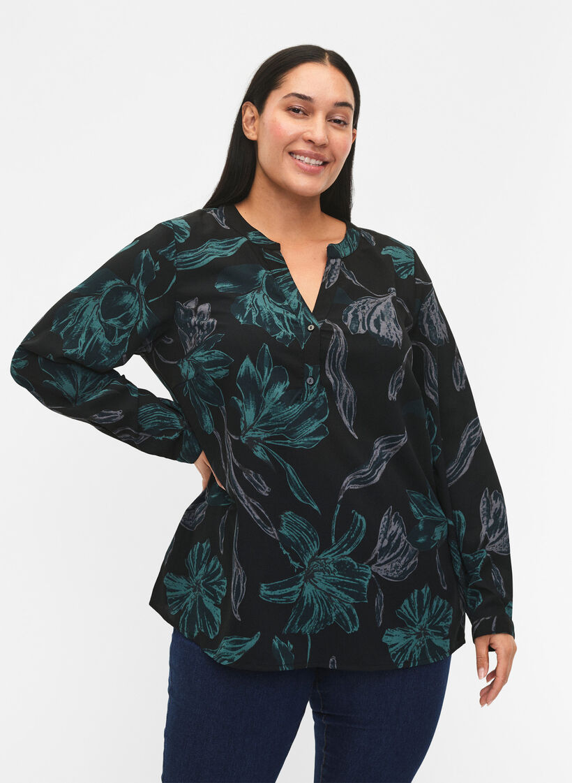 FLASH – Langärmlige Bluse mit Druck, Black Scarab Flower, Model image number 0