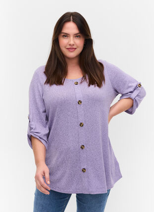 Bluse mit Knöpfen und 3/4-Ärmeln, Purple Melange, Model image number 0