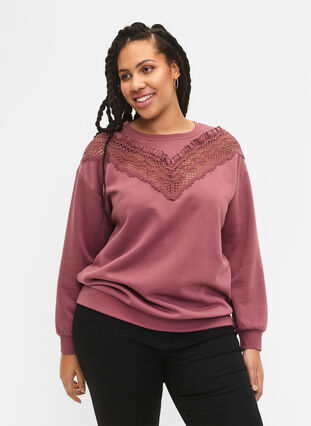 Sweatshirt mit Rüschen und Häkeldetail, Rose Brown, Model image number 0