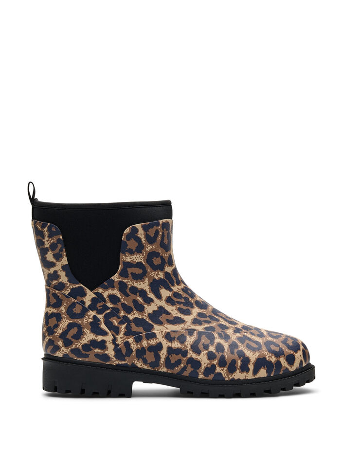 Kurze Stiefel mit weitem Schaft aus elastischem Neopren, Leopard AOP, Packshot image number 0