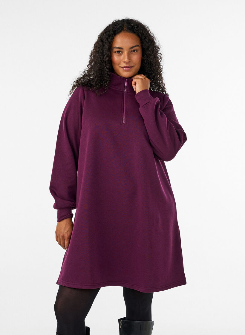 Sweatkleid mit hohem Rippkragen und Rei&szlig;verschluss, Lila, Model image number 0