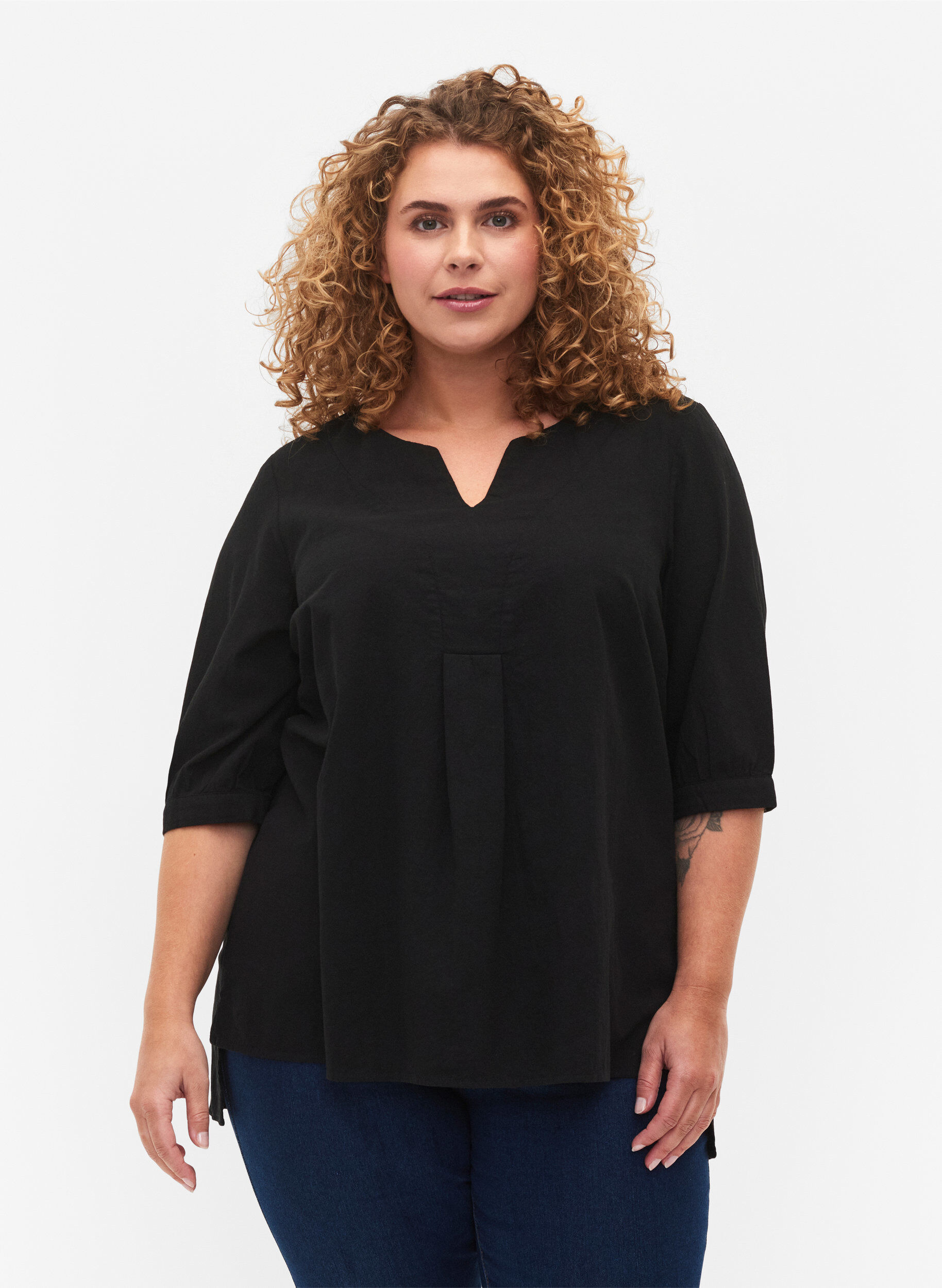 Zizzi FLASH - Bluse aus Baumwolle mit halblangen &Auml;rmeln, Black, Model image number 0