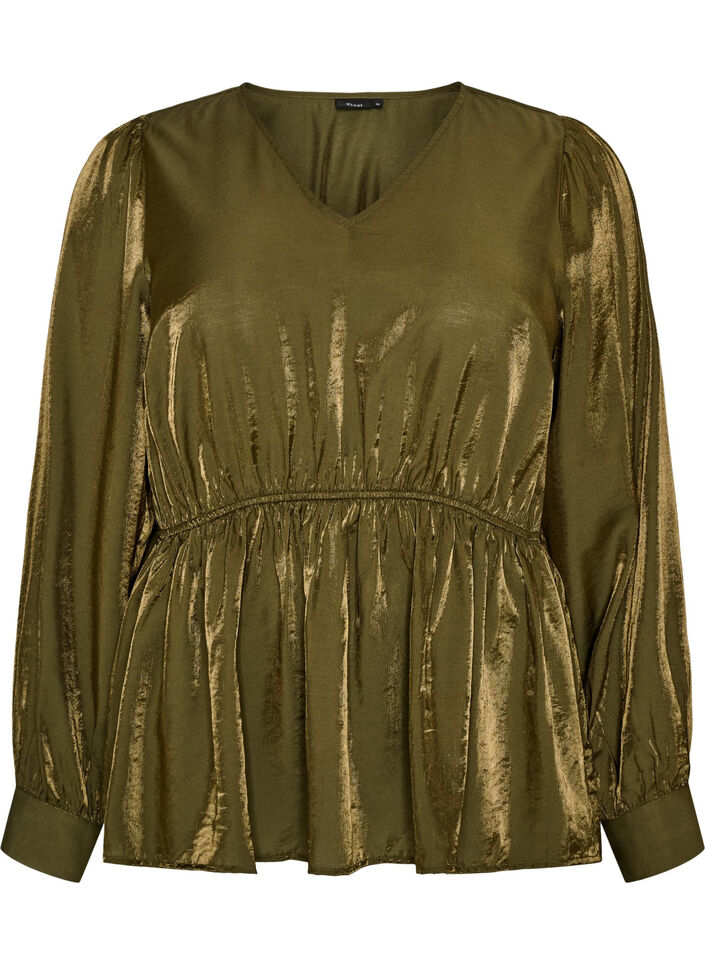 Gl&auml;nzende Bluse aus Viskose mit Peplum-Effekt, Gr&uuml;n, Packshot image number 0