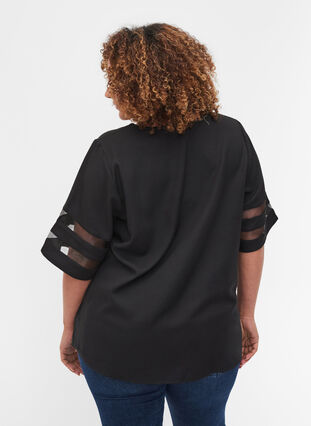 Kurzarm Bluse mit V-Ausschnitt, Black, Model image number 1