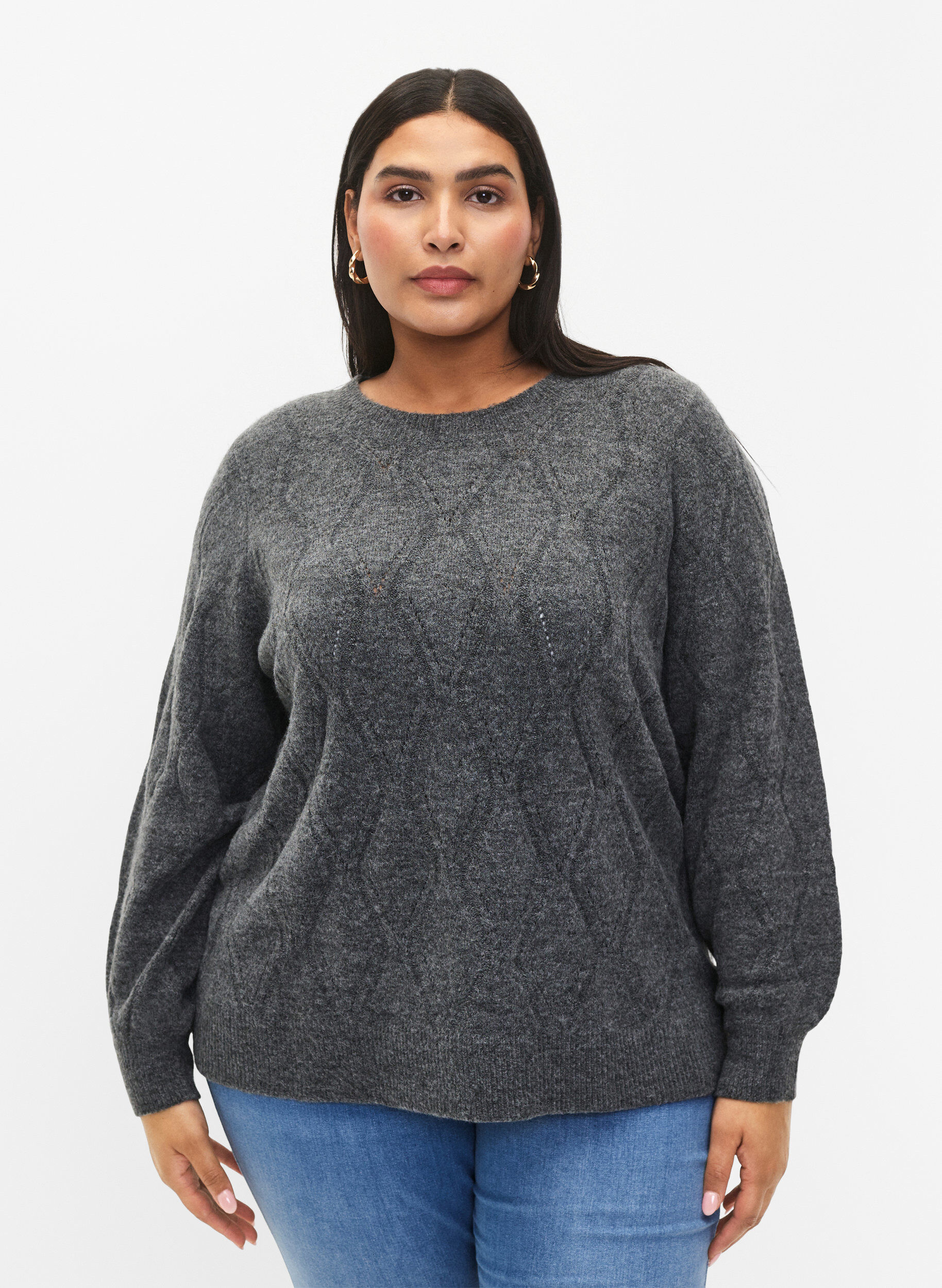 Zizzi Gestrickter Pullover mit Lochmuster, Dark Grey Melange, Model image number 0