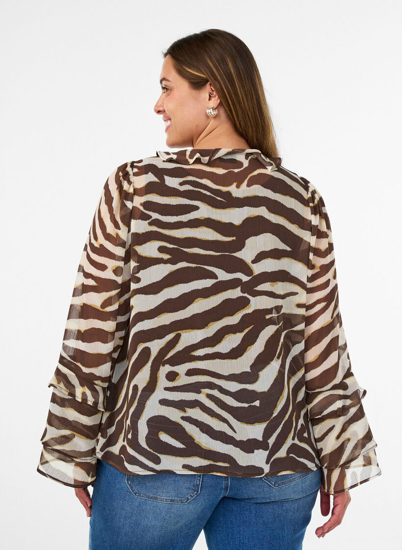 Chiffonbluse mit Zebramuster und R&uuml;schen, Braun, Model image number 2