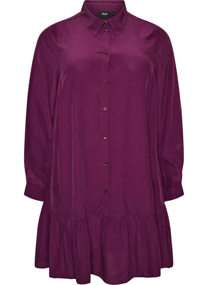 Kurzes Hemdblusenkleid mit R&uuml;schenvolant, Lila, Packshot image number 0