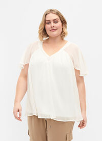 Einfarbige Bluse mit Fledermausärmeln und V-Ausschnitt, Warm Off-white, Model
