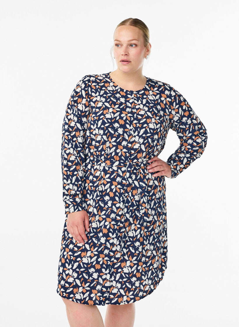 Langärmliges Hemdblusenkleid mit Bindegürtel, Blau, Model image number 0