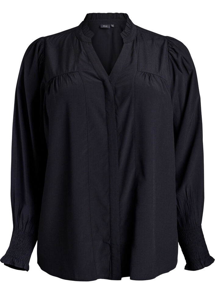 Bluse mit R&uuml;schenkragen und Raffung, Schwarz, Packshot image number 0