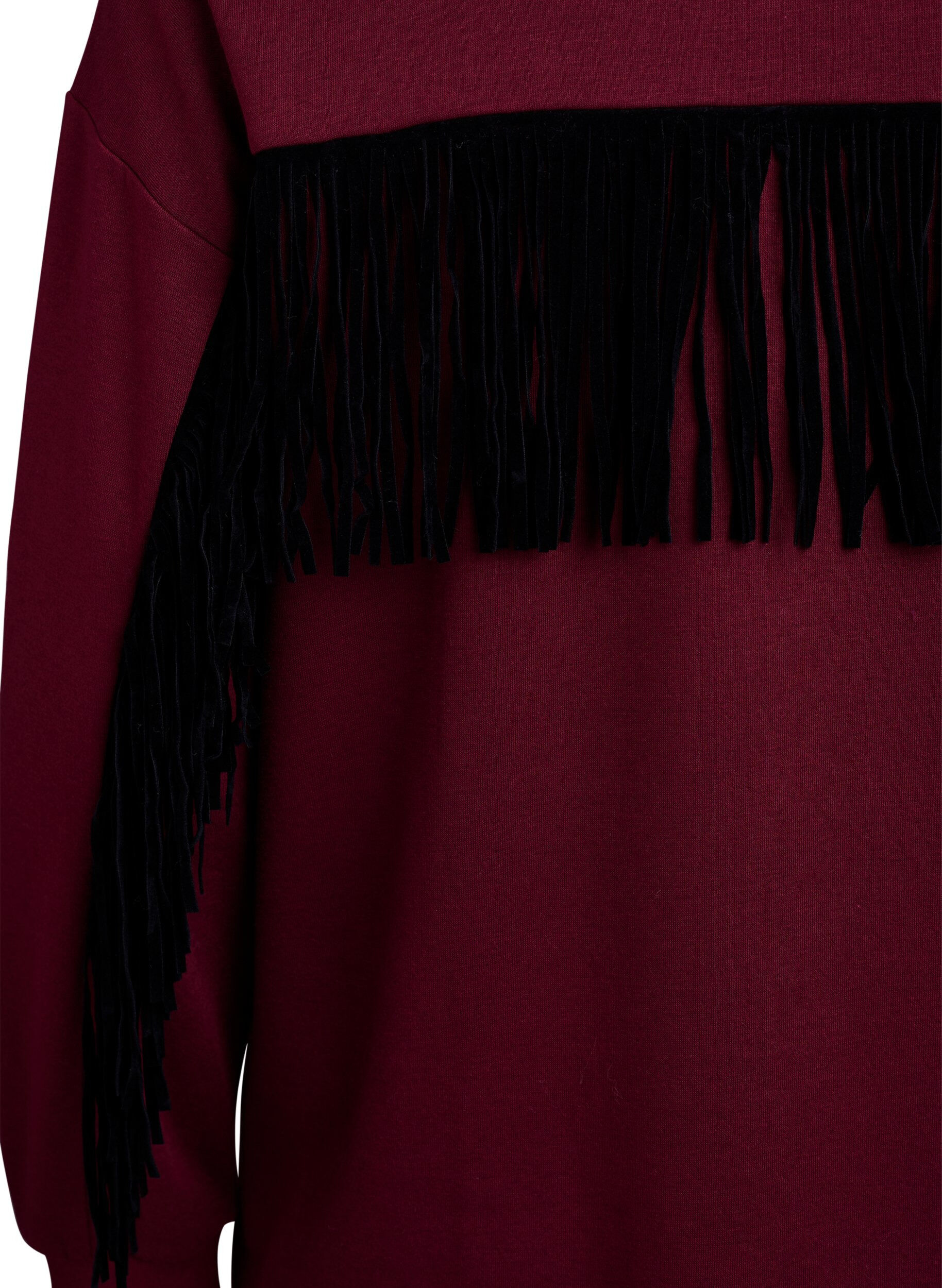 Zizzi Sweatkleid aus Sweatstoff mit Fransen bis zum Knie, Dunkles Bordeaux, Packshot image number 3