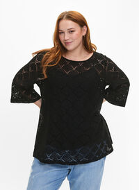 Crochet Bluse mit 3/4 Pins, Black, Model