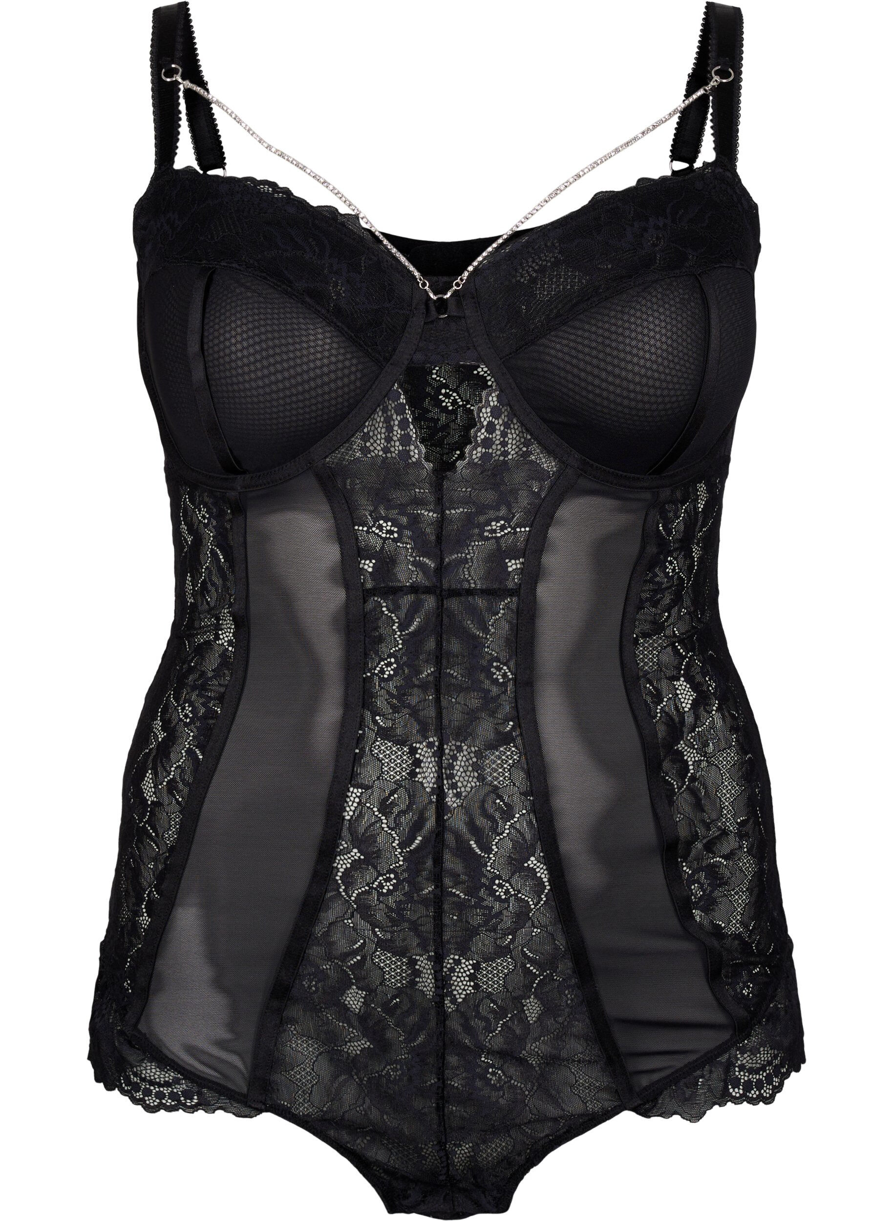 Zizzi Body mit Mesh, Spitze und abnehmbarer Kette, Black, Packshot image number 0
