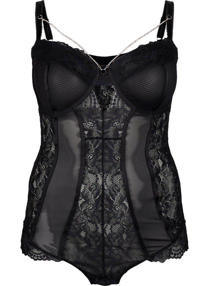 Body mit Mesh, Spitze und abnehmbarer Kette, Black, Packshot image number 0