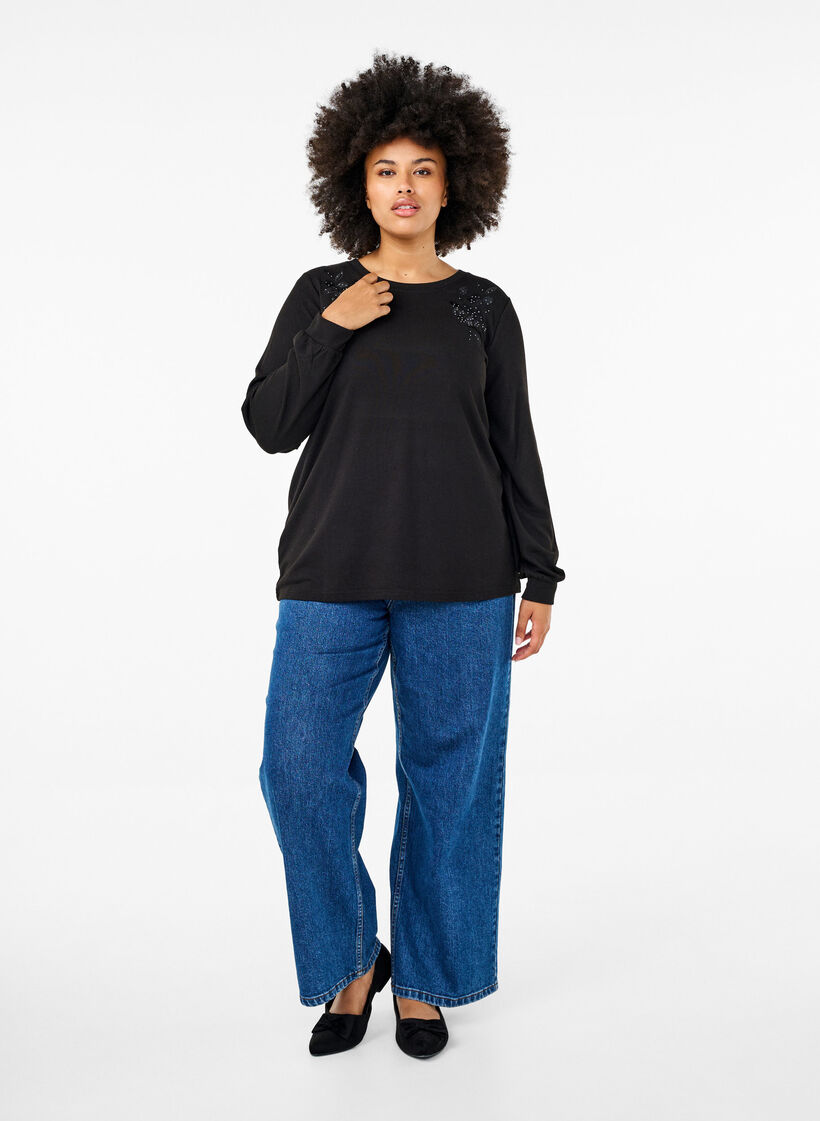 Bluse mit Stickerei und Strasssteinen, Black, Model image number 2