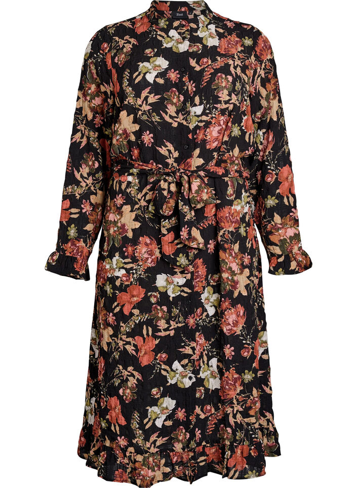 Midikleid mit gebl&uuml;mtem Print und abnehmbarem Bindeg&uuml;rtel, Schwarz, Packshot image number 0