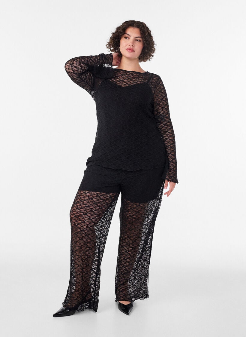 Transparente Spitzenhose mit weitem Bein, Schwarz, Model image number 0