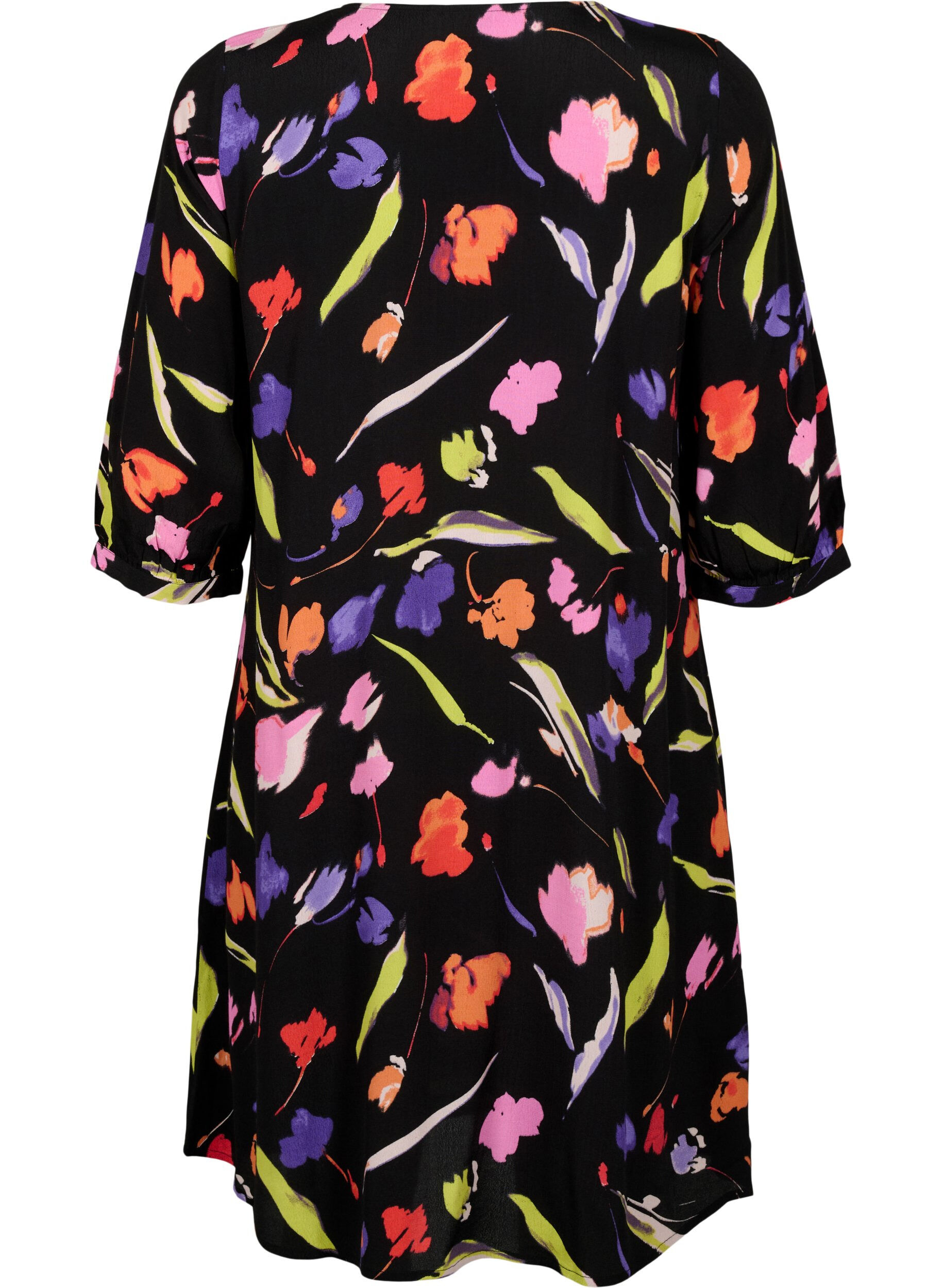 Zizzi Kleid aus Viskose mit Druck und 3/4 &Auml;rmeln, Faded Tulip AOP, Packshot image number 1