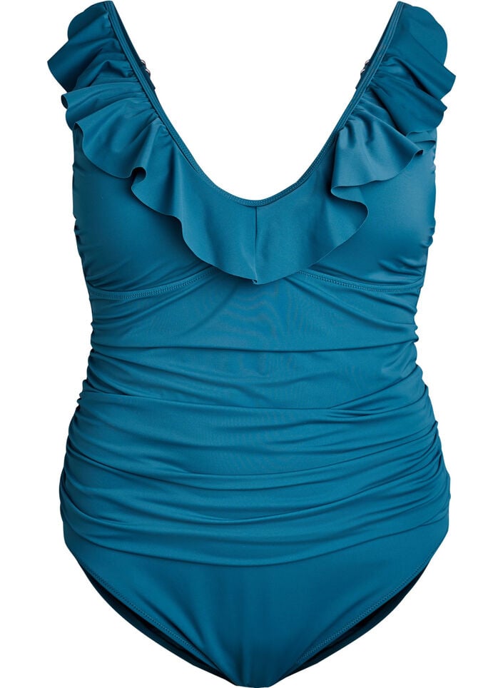 Badeanzug mit R&uuml;schen und herausnehmbaren Eins&auml;tzen, Petrol, Packshot image number 0