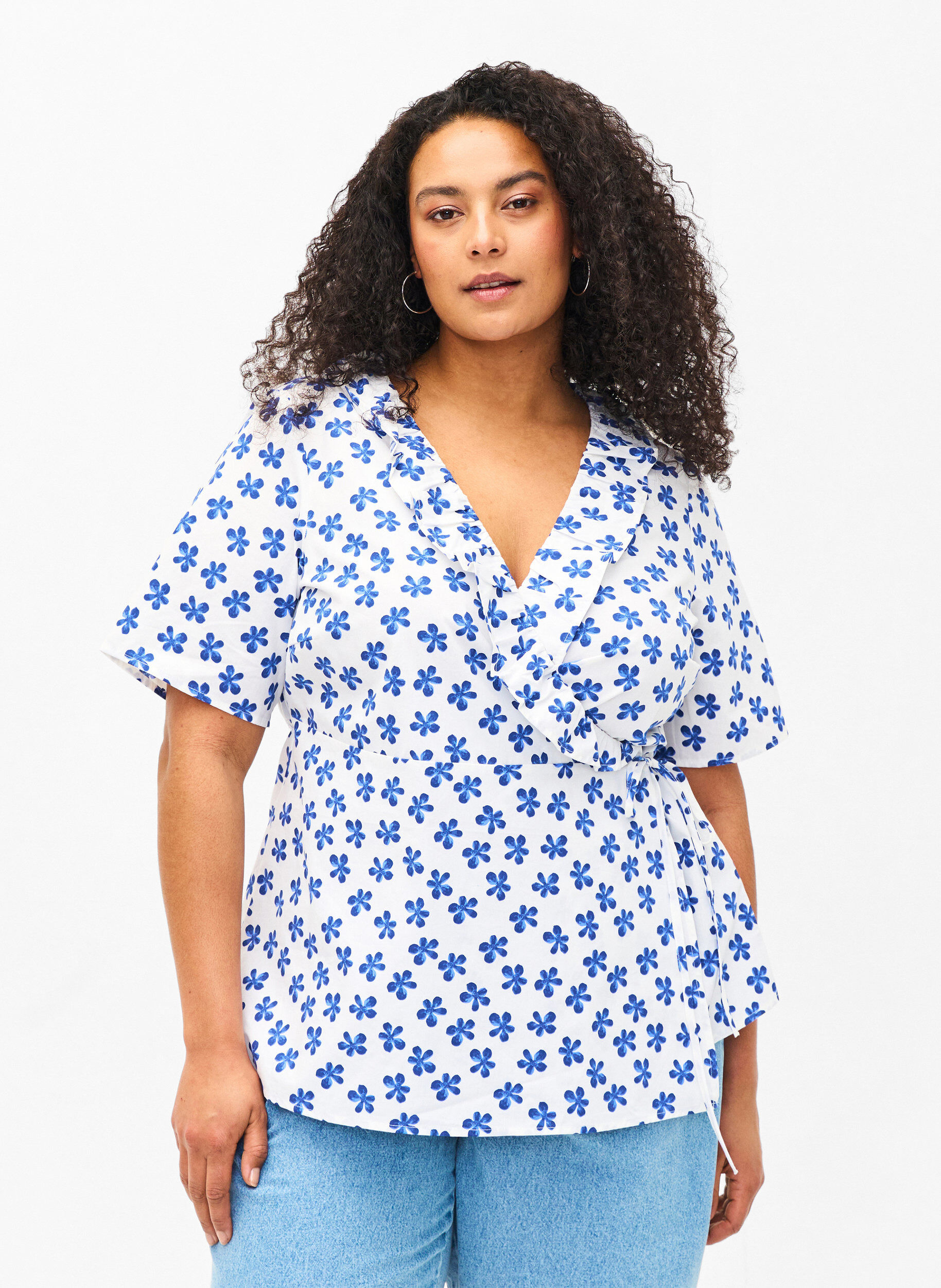 Wickelbluse aus Baumwolle mit Blumendruck, B.White/Small Flower, Model