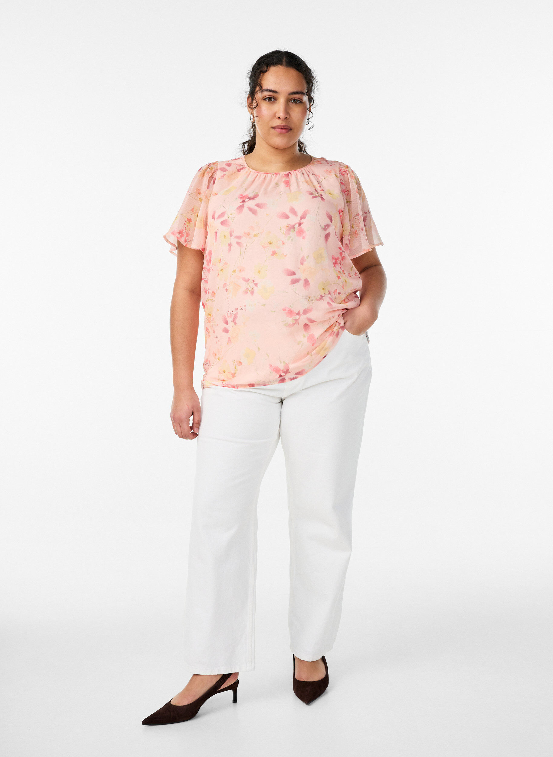 Zizzi Bluse mit Blumenprint und luftigen &Auml;rmeln, Orange, Model image number 1