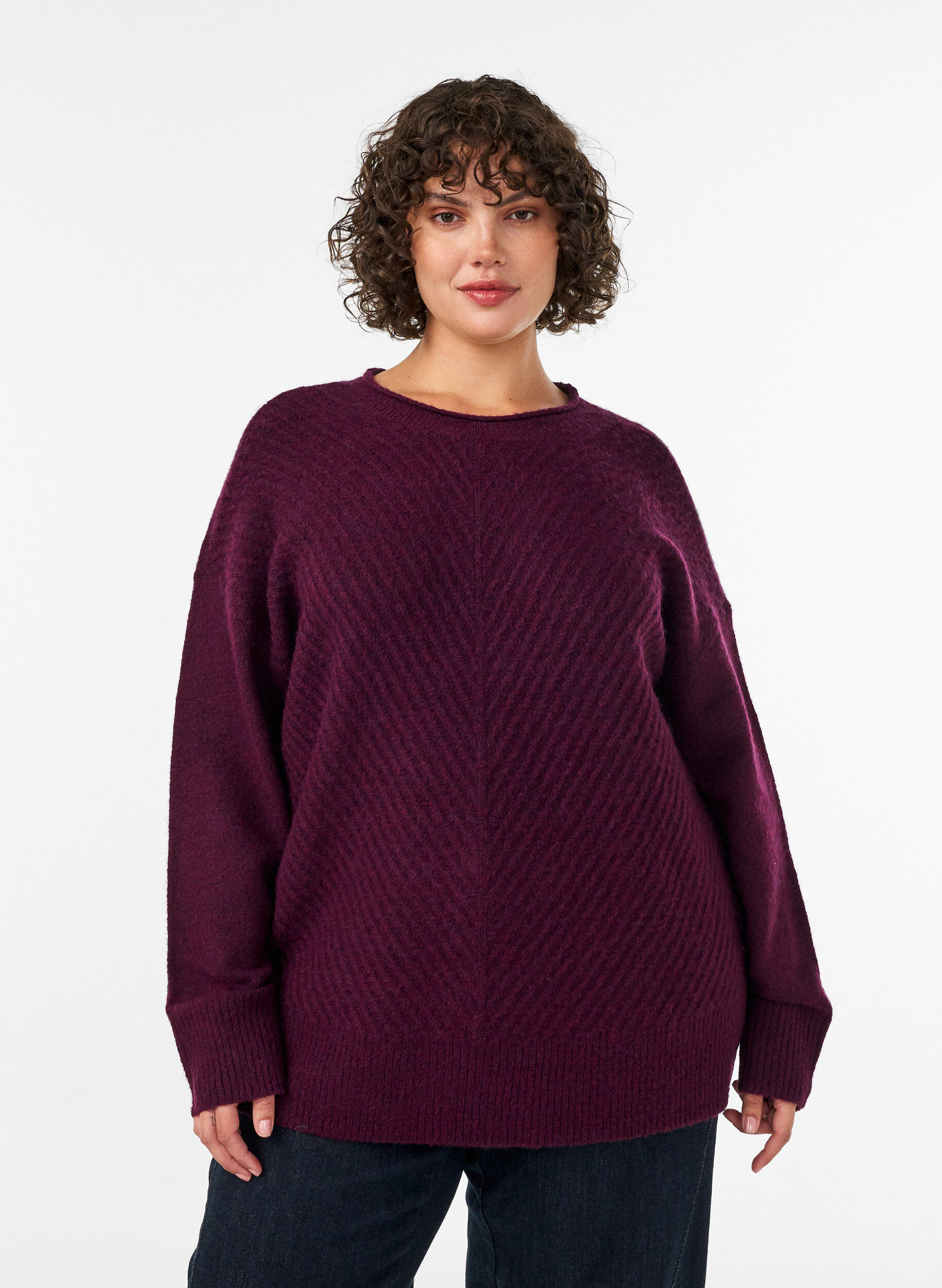 ZizziStrickbluse mit V-f&ouml;rmigem Rippenmuster und Schlitzen, Rot, Model image number 0