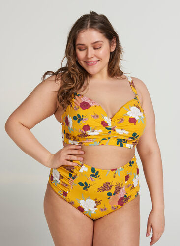 Hochtaillierte Bikinihose mit Blumenprint, Yellow Flower Print, Model image number 1