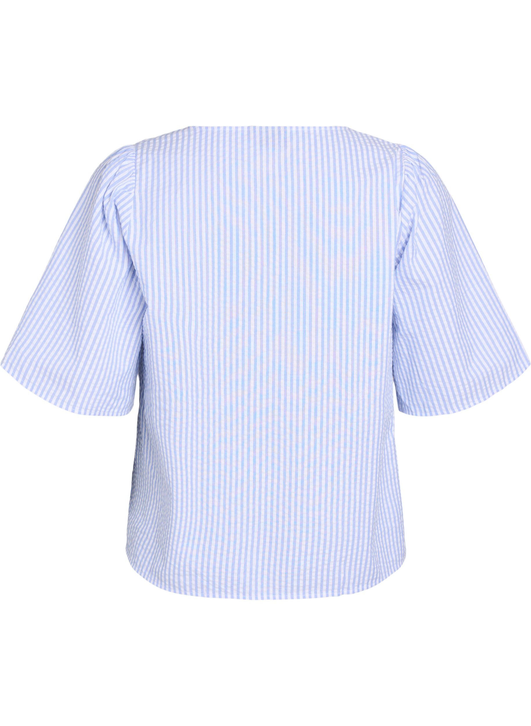 Zizzi FLASH - Gestreifte Bluse mit Schleifen, Blau, Packshot image number 1