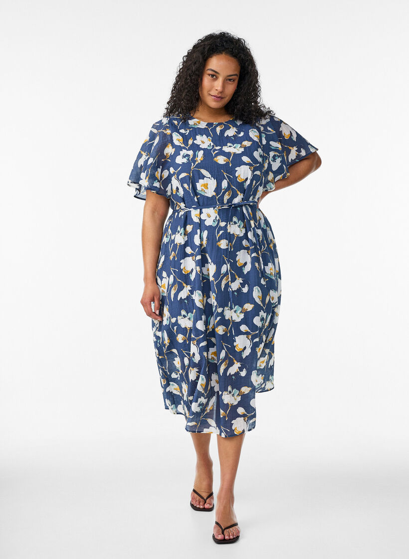 Kn&ouml;chellanges Kleid mit Fl&uuml;gel&auml;rmeln und Bindeg&uuml;rtel, Blau, Model image number 0
