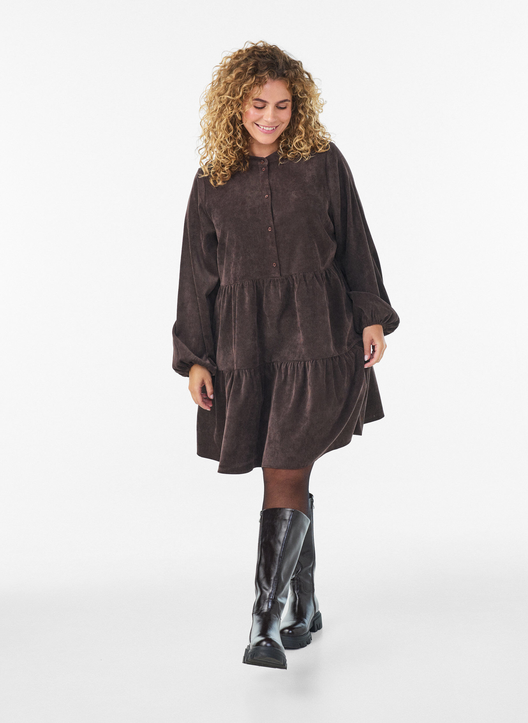 ZizziCordkleid in A-Linie mit Stehkragen, Braun, Model image number 1