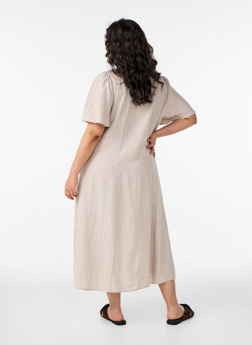 Midikleid aus Leinen und Viskose mit R&uuml;schen&auml;rmeln, Beige, Model image number 1