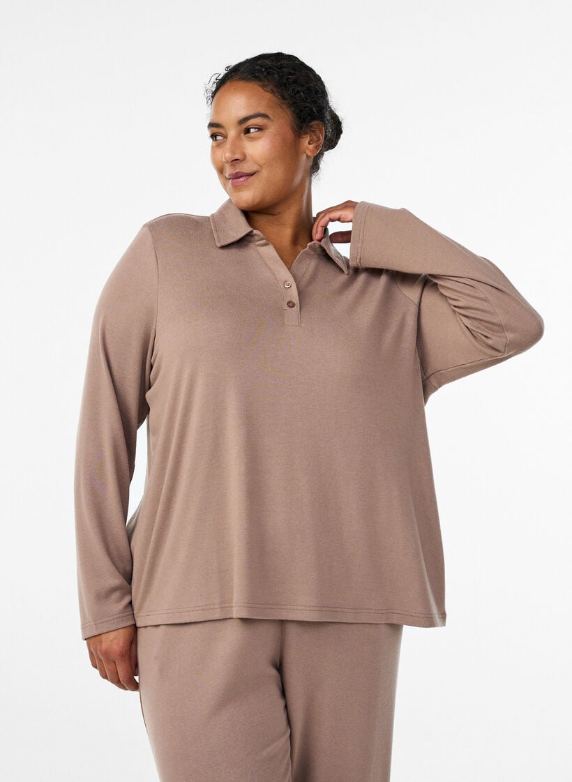 Lang&auml;rmelige Bluse aus Jersey mit Kragen, Braun, Model image number 0