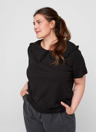 Kurzarm T-Shirt aus Baumwolle mit Kragen, Black, Model image number 0