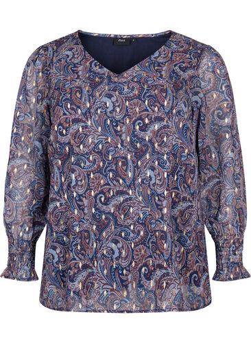 Paisley-Bluse mit langen Ärmeln und V-Ausschnitt, Blue Paisley AOP, Packshot image number 0