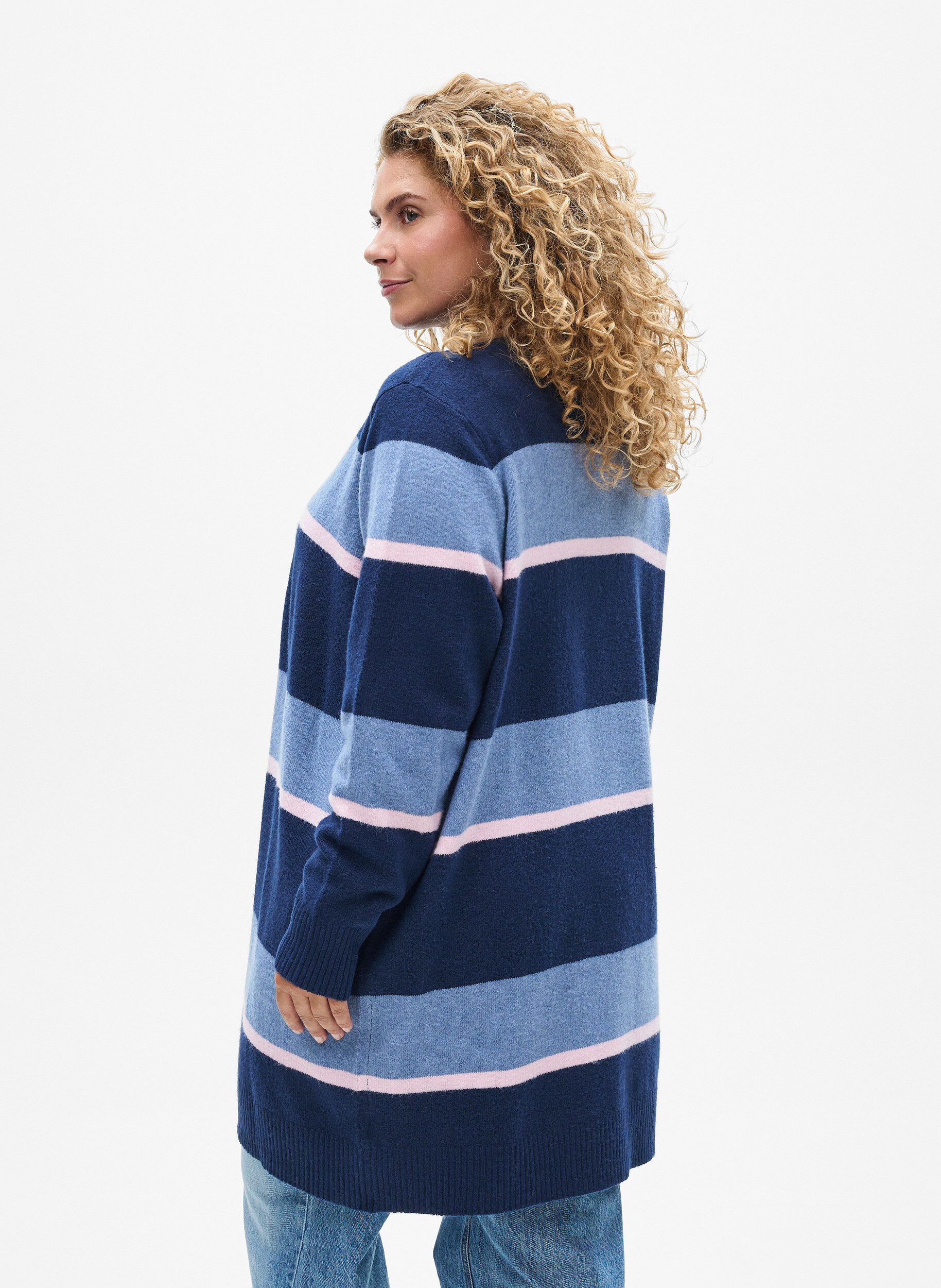 Zizzi Lange Strickjacke mit breiten Streifen, Blau, Model image number 2