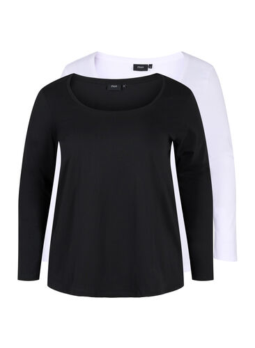 2er-Pack Basic-Bluse aus Baumwolle, Black/Bright W, Packshot image number 0