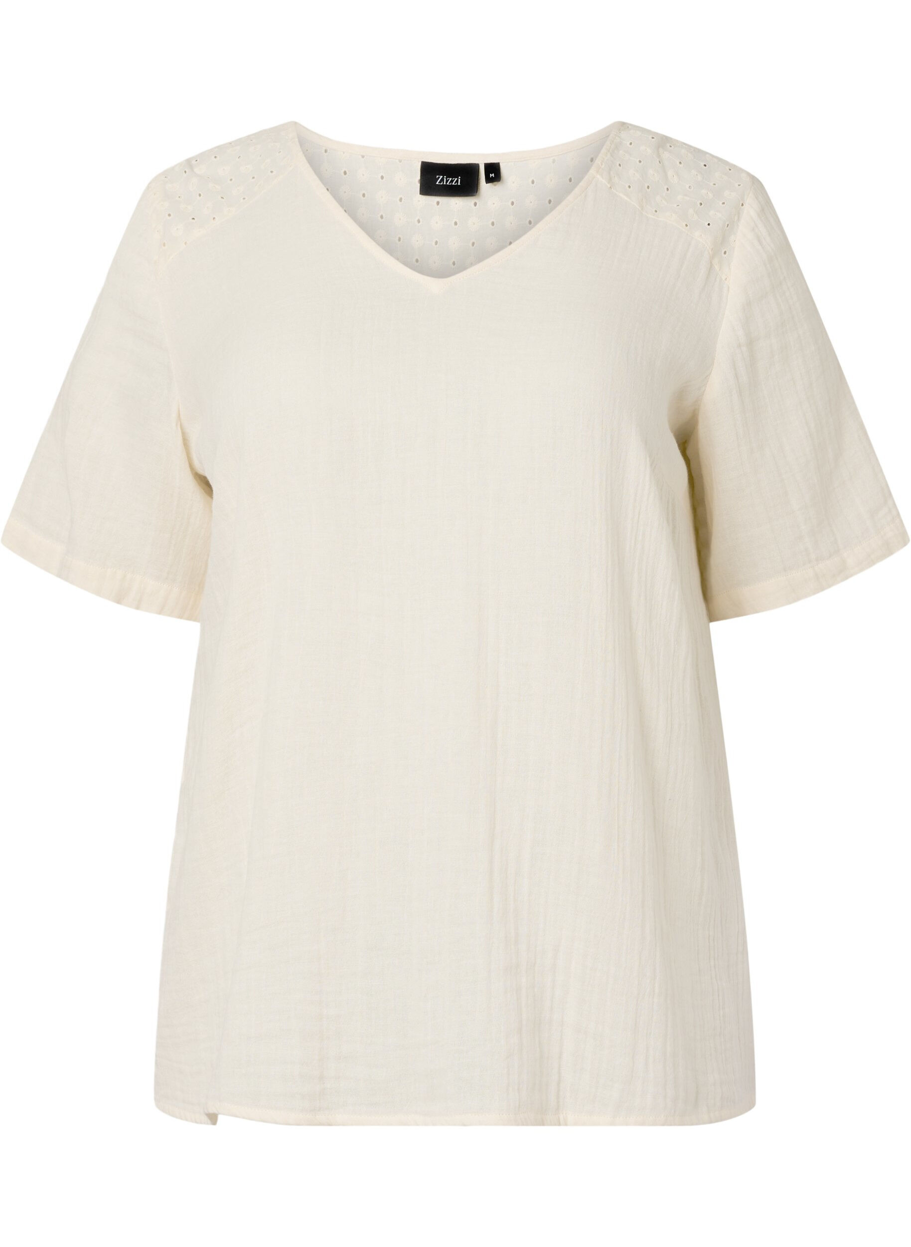 Zizzi Bluse aus Baumwolle mit Stickerei und kurzen &Auml;rmeln, Buttercream, Packshot image number 0