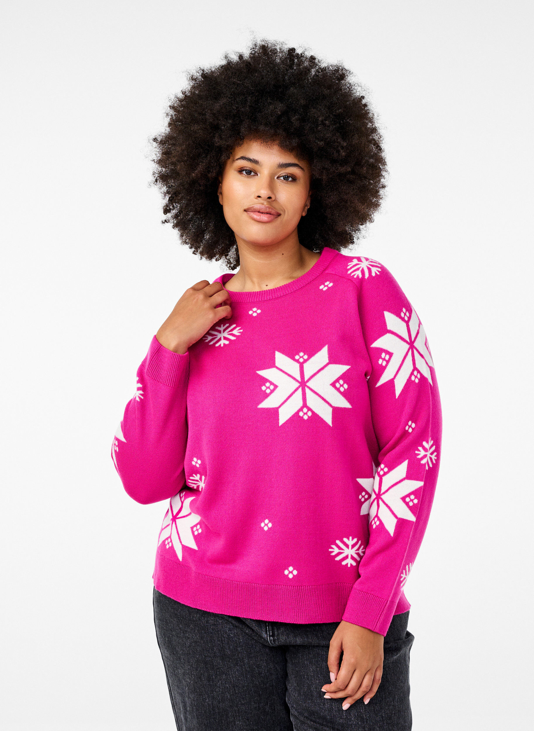 Zizzi Strickpullover mit Schneeflockenmuster, Pink, Model image number 0