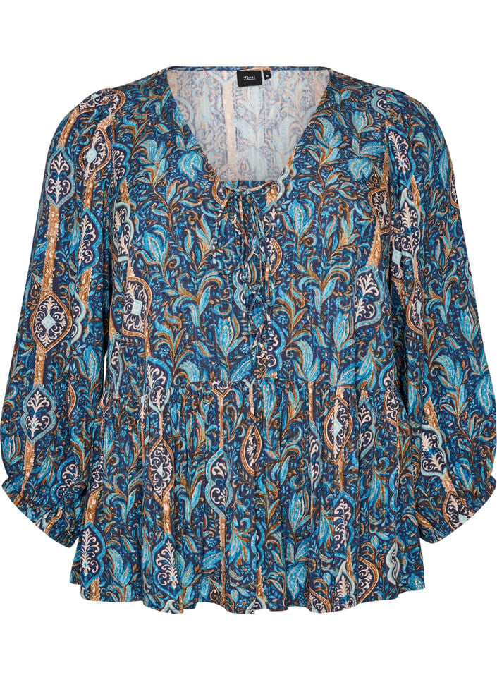 Bluse mit Paisleymuster und Spitzendetails, Blau, Packshot image number 0