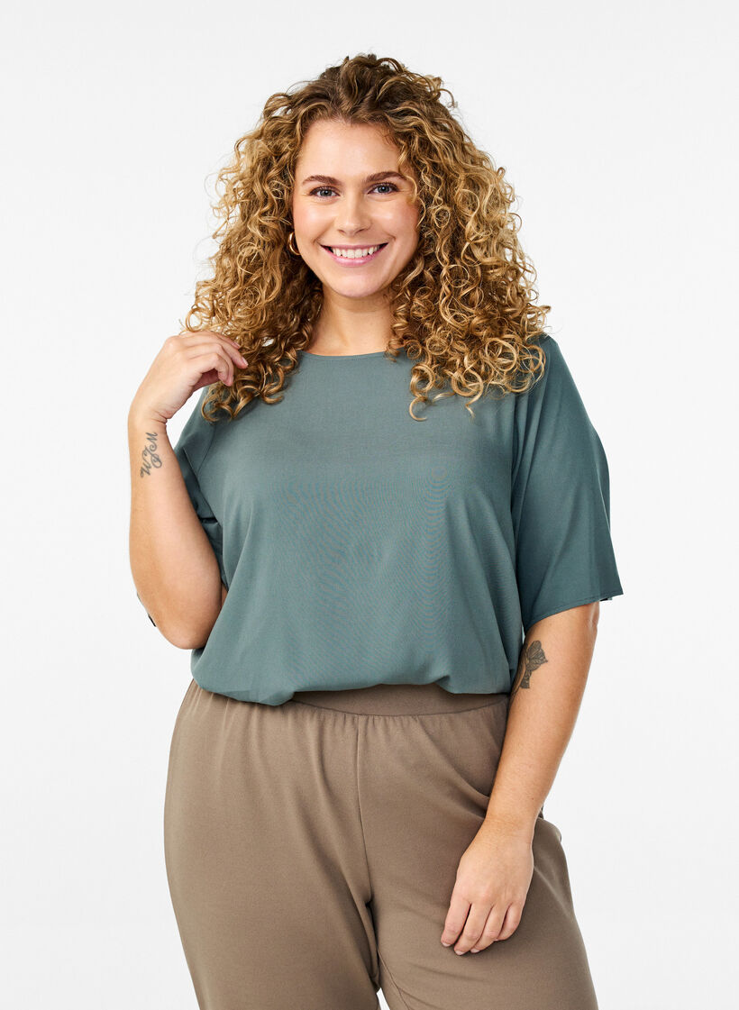 FLASH &ndash; Kurz&auml;rmelige, gewebte Bluse mit Rundhals, Gr&uuml;n, Model image number 0