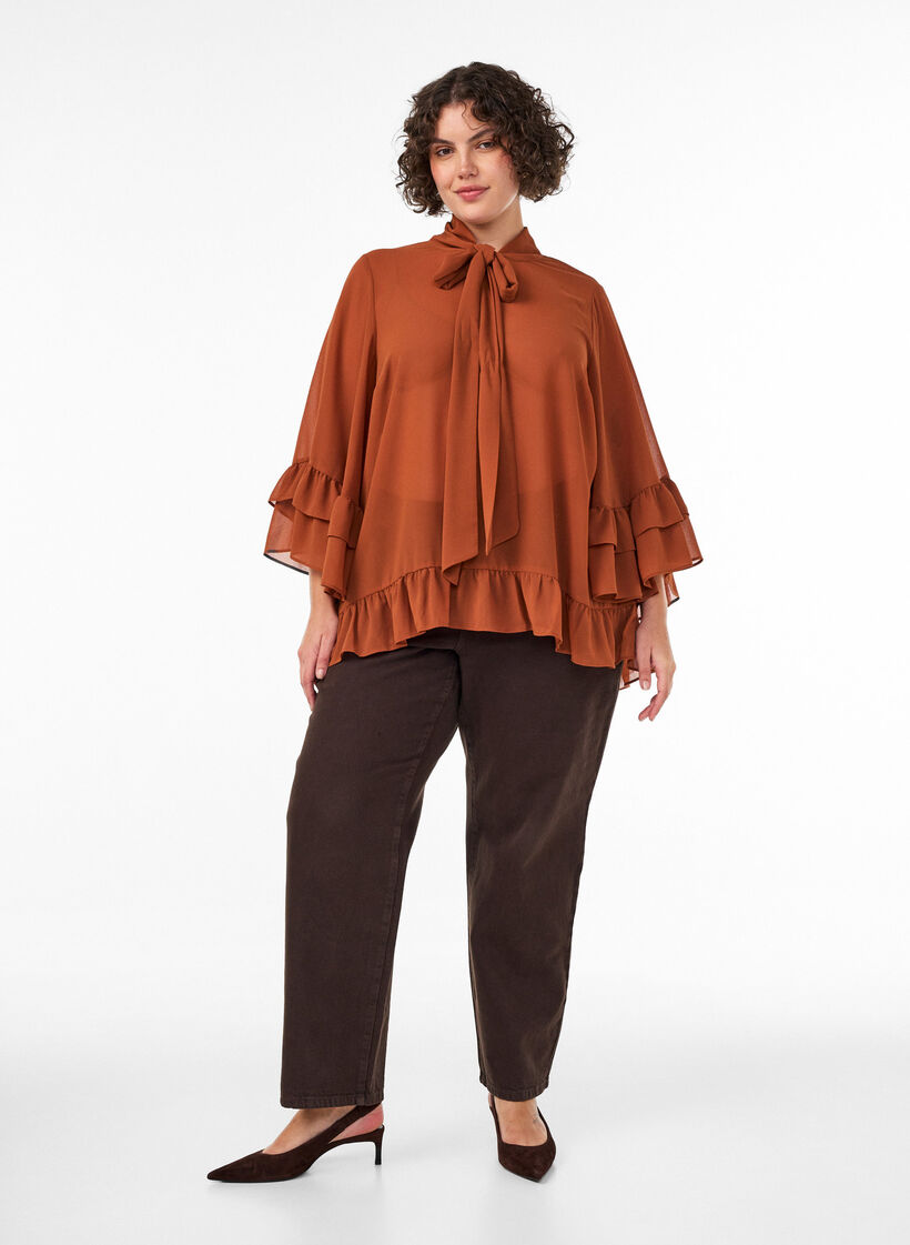 Bluse mit Bindeband und R&uuml;schendetails, Braun, Model image number 1