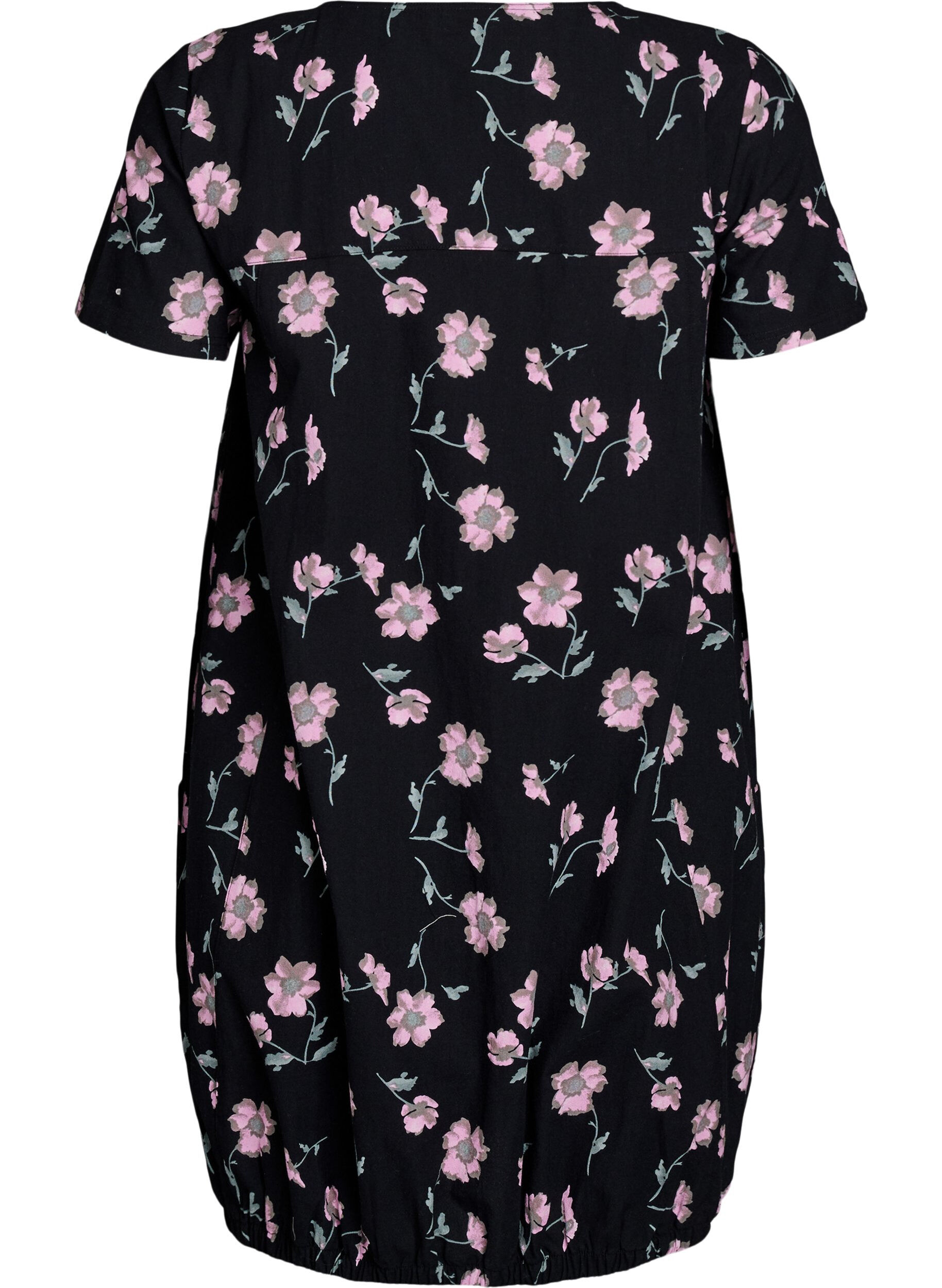 Zizzi Kurz&auml;rmliges Baumwollkleid mit Aufdruck, Schwarz, Packshot image number 1