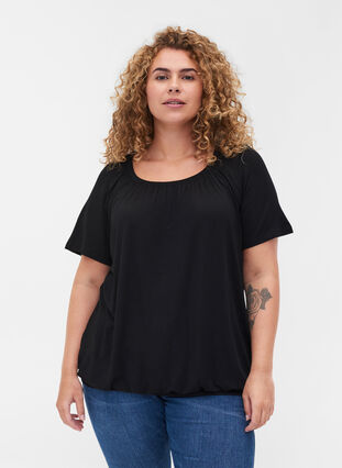 Kurzarm T-Shirt aus Viskose mit Gummibund, Black, Model image number 0
